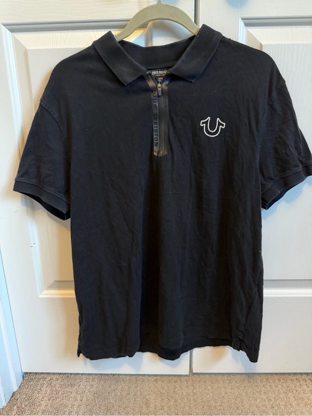 True Religion Black Short-Sleeve Zip Polo with Logo